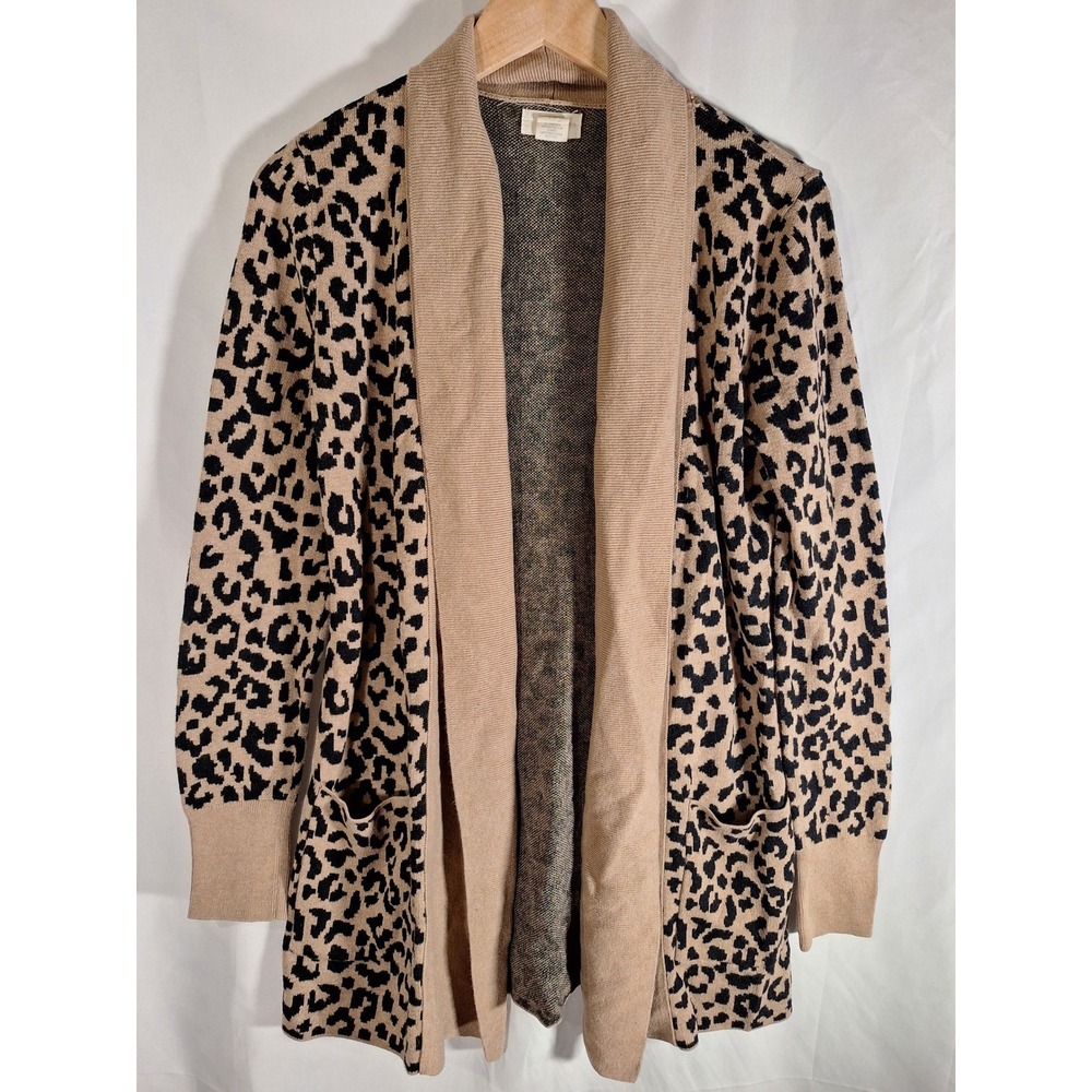 Kaisley Womens Leopard Print Open Front Shawl Collar Cardigan Tan Black Medium